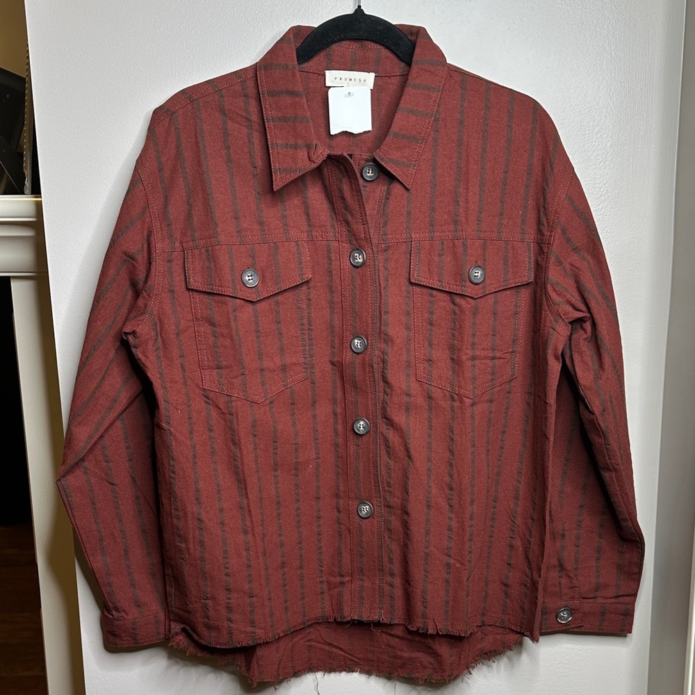 Promesa Dark Red Black Vertical Striped Button Down Cotton Shirt Size Small NWT